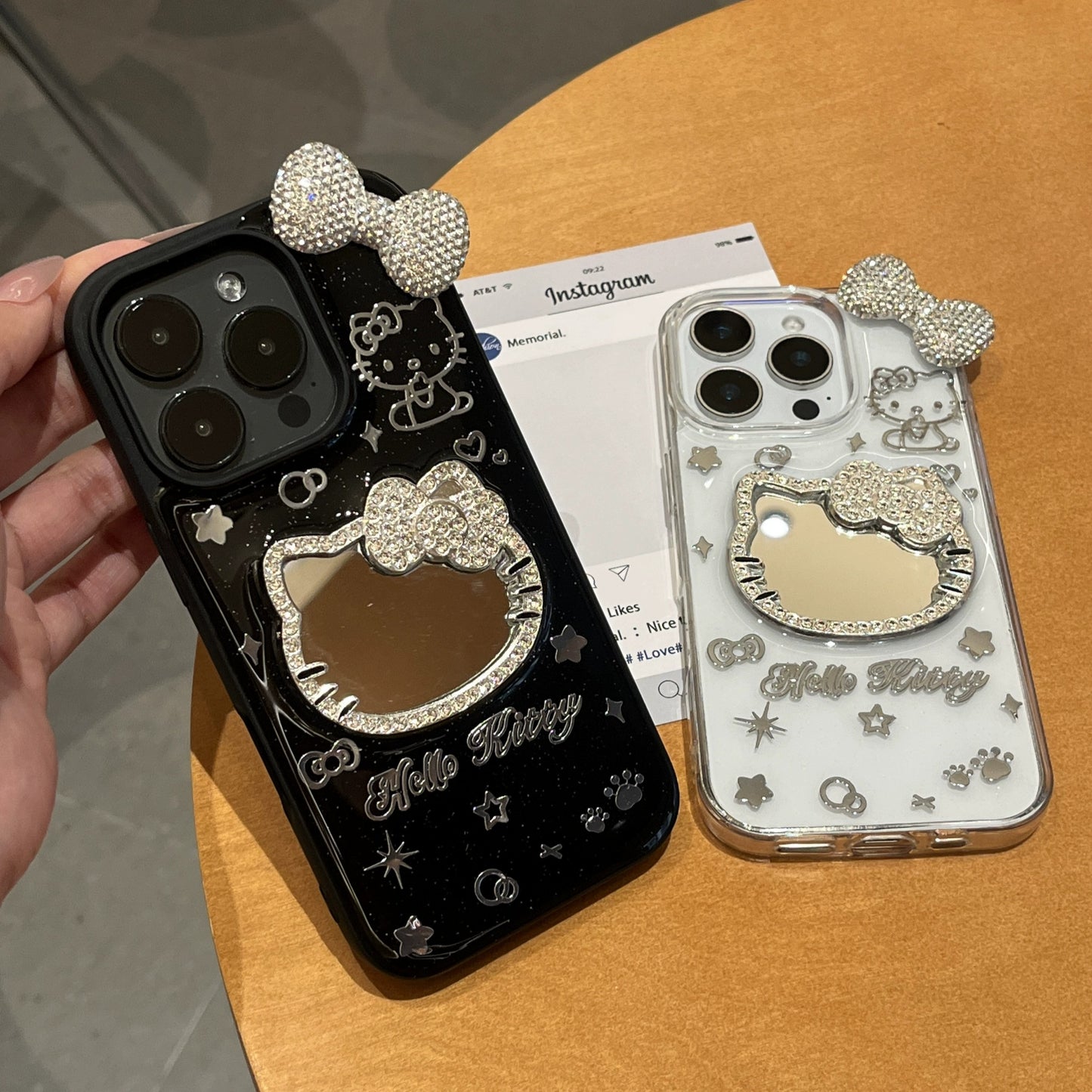 CaseMuses Hello Kitty Mirror Rhinestone Bow Phone Case (Black/Transparent)