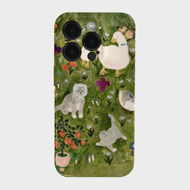 CaseMuses Garden Friends – Cute Cat and Duck Illustration Phone Case