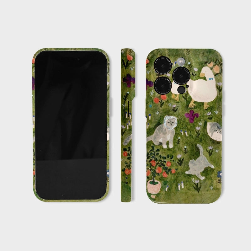 CaseMuses Garden Friends – Cute Cat and Duck Illustration Phone Case