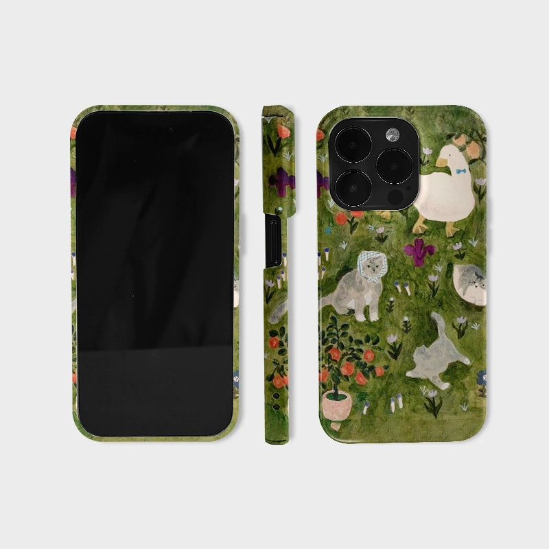 CaseMuses Garden Friends – Cute Cat and Duck Illustration Phone Case