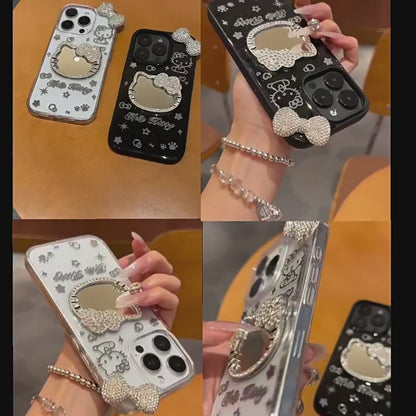 CaseMuses Hello Kitty Mirror Rhinestone Bow Phone Case (Black/Transparent)